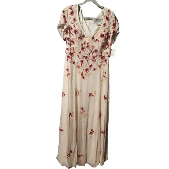 adrianna papell sequin floral dress Sequin Beaded Floral Embroidery Illusion Midi Dress